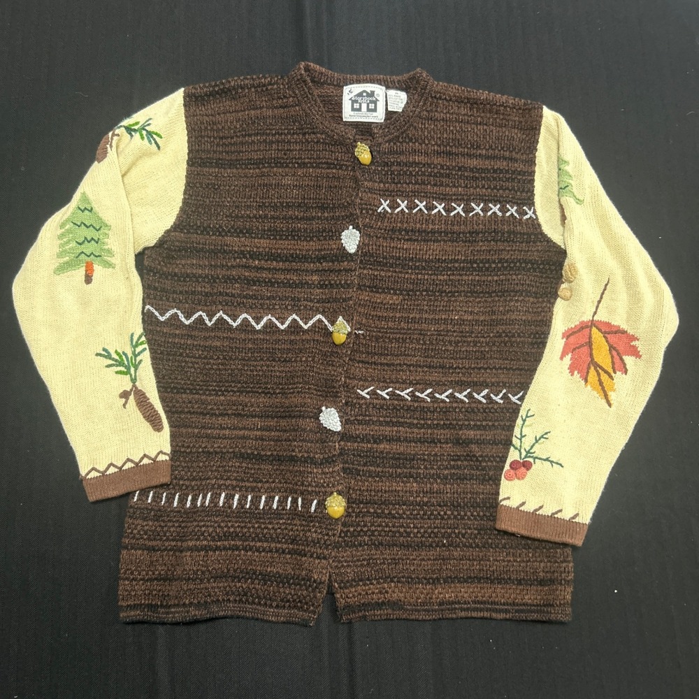Storybook Knits Vintage Fall Acorn Button Cardigan Sweater Brown Cream Medium